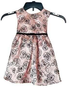 George Toddler Girls Formal Dress 24m Pink Black Floral Satin Tie Back Holiday